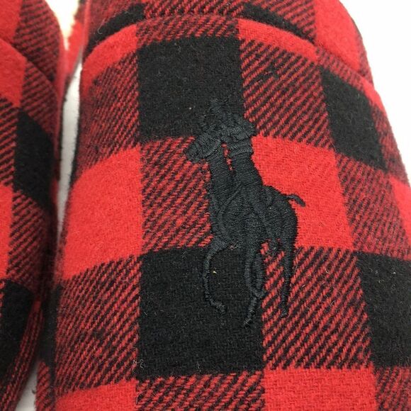Polo Ralph Lauren Big Pony Red and Black Buffalo Plaid faux Sherpa Slippers L - Picture 13 of 16